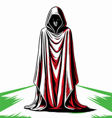 Mysterious Hooded Figure in Red Cloak Illustration