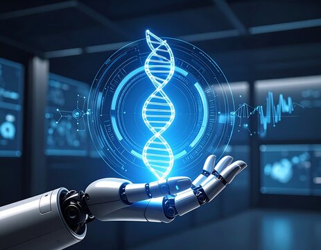 Robotic hand displaying a DNA helix in a futuristic lab