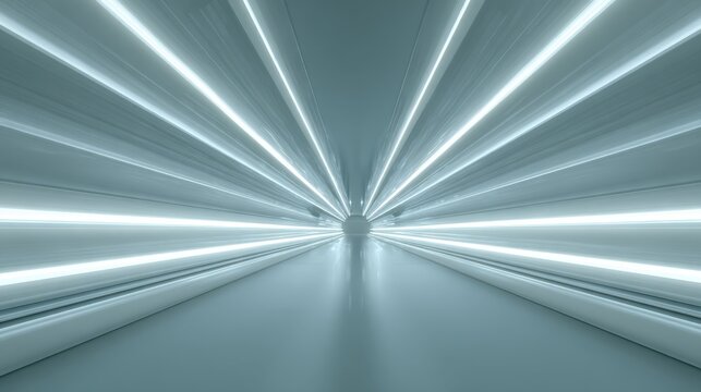 Futuristic tunnel with white glowing light beams converging to a central vanishing point in minimal monochrome space ideal for sci-fi backgrounds and tech concept visuals