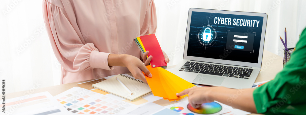 Poster cyber security system on computer screen protect private information brisk from hacker and cyber att