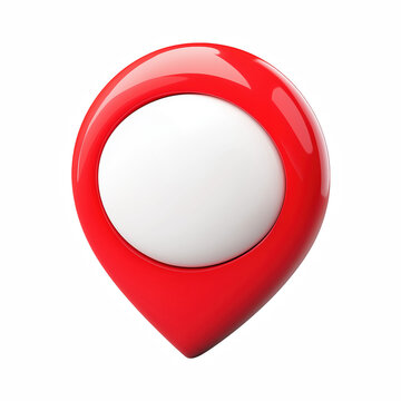 Chubby red map location pin with large white circle center, glossy 3D cartoon icon isolated on transparent background