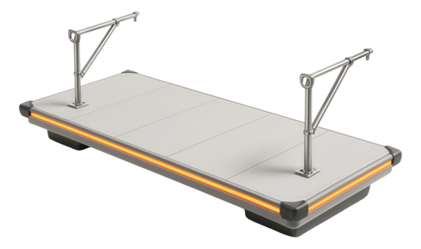 Floating marina dock with fiberglass decking and adjustable mooring arms