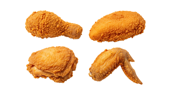 Crispy fried chicken pieces with golden crust, fast food meal, isolated on transparent background
