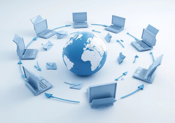 A globe surrounded by laptops with blue envelopes floating above them,