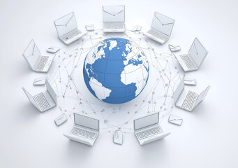 A globe surrounded by laptops with blue envelopes floating above them,