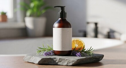 Amber glass pump bottle with blank label on stone mockup, herbs, and orange in bathroom concept for natural product packaging.
