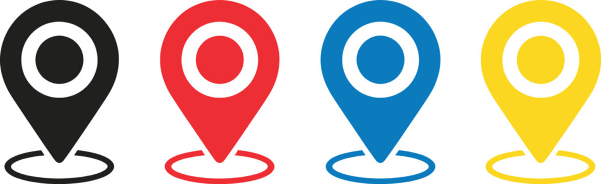 Black red blue yellow location pin symbols with concentric circles map marker pointer