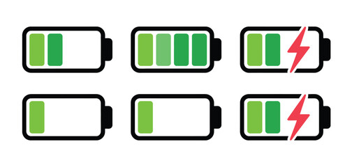 Format: Title: Battery level indicators with charging symbols power energy