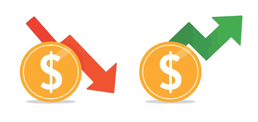 Obraz premium Gold coins with red downward and green upward arrows illustrating financial trends vector