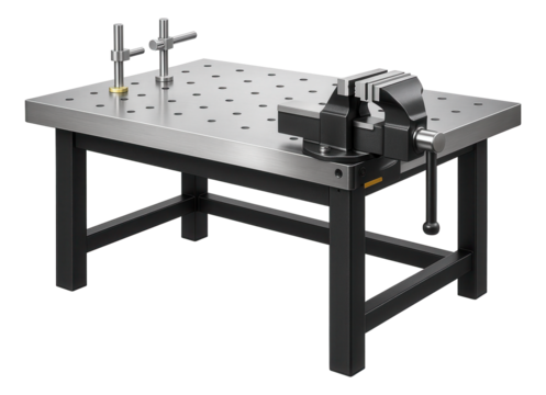 Workbench with integrated vise and clamping system for a metal fabrication workshop
