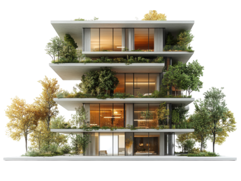 A tall building with a green roof and many windows