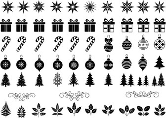 Assorted collection of black Christmas holiday icons including stars, gifts, candy canes, ornaments, trees, and decorative elements, festive, celebration, winter, season, isolated,