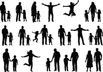 Happy family silhouettes in various poses, parents and children, jumping, walking, holding hands, playful, joyful, loving, isolated on white, black and white, vector illustration.
