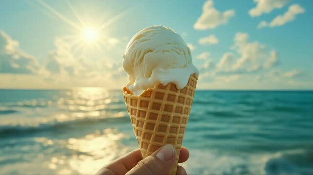 Creamy vanilla ice cream in a crisp waffle cone held against the sparkling blue sea with bright sun and soft clouds. Perfect for summer dessert themes, vacation ads, beach lifestyle images, and refres
