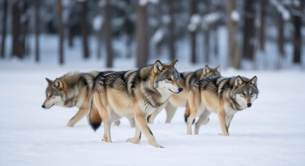 Gray wolves walking in snowy winter forest. Wild predators in natural habitat. Wildlife conservation, animal behavior, and ecosystem balance concept. Nature photography