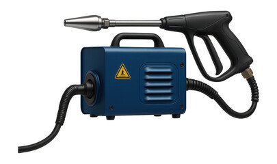 High-pressure washer with a turbo nozzle and ergonomic spray gun for efficient cleaning in a railway maintenance yard.