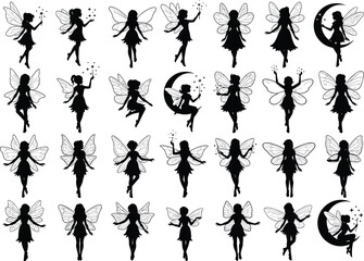 Magical collection of whimsical fairy silhouettes with sparkling wings, moon, and wands, fantasy, enchanting, mystical, dreamy, isolated on white, black and white, vector illustration, flat.