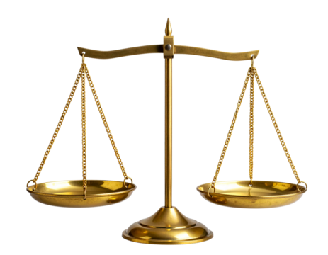  Front-Facing Pair of Golden Justice Scales with Balanced Plates – Transparent PNG.