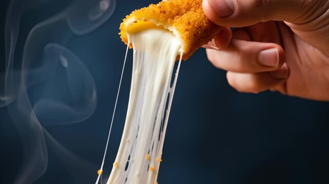 Crispy fried mozzarella cheese snack with hand holding cheesy finger food featuring melted cheese