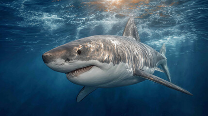 Naklejka premium Apex Predator: A majestic Great White Shark glides through the deep blue ocean, its powerful form embodying the raw essence of marine dominance. 
