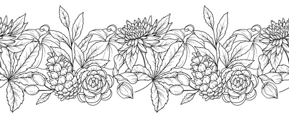 Seamless Fall Border with Leaves, Pumpkins, Acorns and Flowers. Seamless Horizontal  Fall Background. Autumn Line Art Drawing. Fall Flower Design. Fall Botanical garland seamless. Border Frame