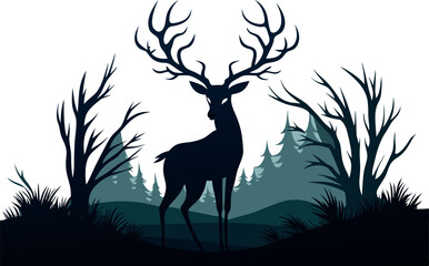 Gloomy Deer Silhouette in Forest Vector Scene