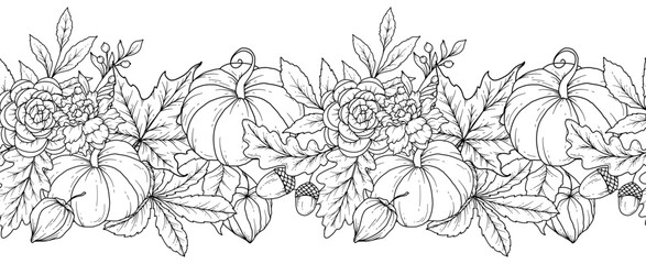 Seamless Fall Border with Leaves, Pumpkins, Acorns and Flowers. Seamless Horizontal  Fall Background. Autumn Line Art Drawing. Fall Flower Design. Fall Botanical garland seamless. Border Frame