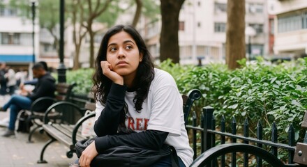Woman sitting on bench in urban park. Indian girl looking thoughtful in city environment. Youth lifestyle, outdoor relaxation, and urban green space concept