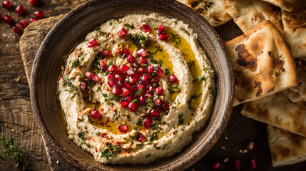 Creamy baba ganoush served in a ceramic bowl and sprinkled with olive oil. Classic Middle Eastern eggplant dip with rich smoky flavor.