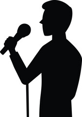 black silhouette of talking person with mic on whi.eps