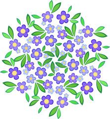 Cozy summer mandala. Bouquet of flowers and leaves in boho style. Flowers in shadows of purple. Romantic graceful floral illustration. Delicate spring round ornament