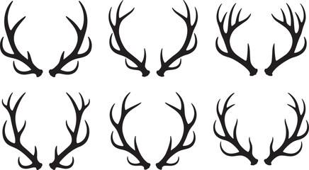 Collection of six black deer antlers in different shapes and sizes isolated on transparent background