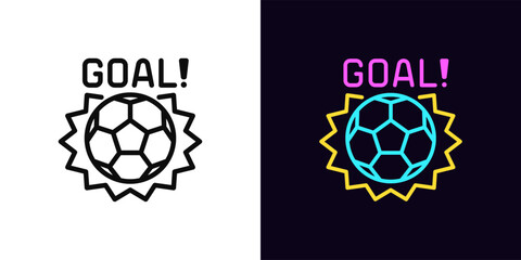 Outline goal icon, with editable stroke. Soccer ball hit with text Goal, football game icon. Soccer tournament, football match, kick ball and score, goal time, sport game, win penalty. Vector icon