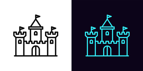 Outline medieval castle icon, with editable stroke. King castle with towers and flags, ancient fortress icon. Fairytale palace, chateau building, knight castle, medieval kingdom. Vector icon