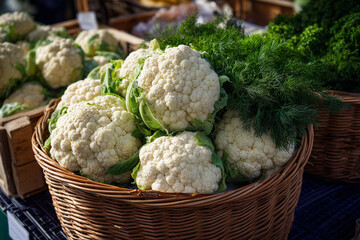 Fresh Cauliflower Heads in Woven Basket