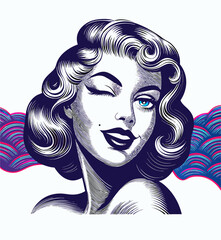 Winking Vintage Woman Pop Art Portrait Illustration
