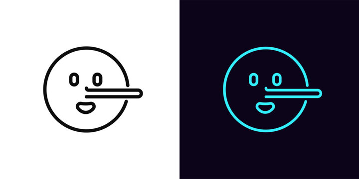 Outline liar emoji icon, with editable stroke. Lie emoticon with long nose, deceiver emoji. Liar face with big nose, say untruth, deceiver emoticon, fake truth and deception, tell false. Vector icon