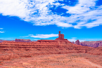 Aerial view of Rugged sandstone rock formation, pinnacle or Hoodoo rises prominently against a...