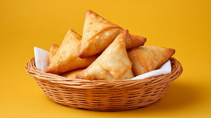 Fried samosas on yellow background, popular Indian snacks on brown woven basket. Onion samosa