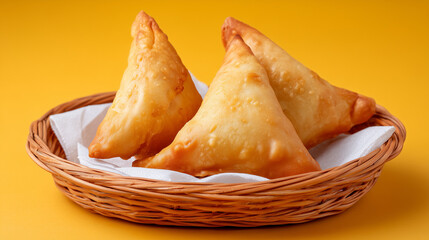 Fried samosas on yellow background, popular Indian snacks on brown woven basket. Onion samosa