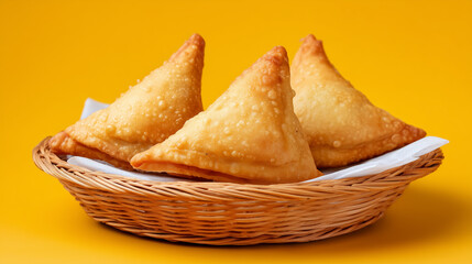 Fried samosas on yellow background, popular Indian snacks on brown woven basket. Onion samosa