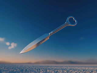 Fototapeta premium Artistic Dagger: A detailed, high-quality photograph of a beautifully crafted, shiny dagger gracefully suspended in mid-air against a clear, expansive sky, evoking a sense of artistry, danger.