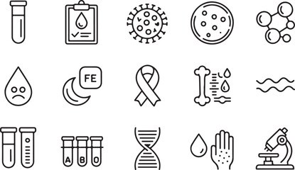Blood Disorders Icons. Outline icon set of blood disorders awareness: sickle cell, anemia cell, leukemia ribbon, clotting disorder.Blood bank line icon set. Group of object.
