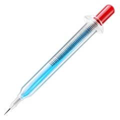 Fototapeta premium A transparent medical syringe filled with a light blue liquid, ready for injection
