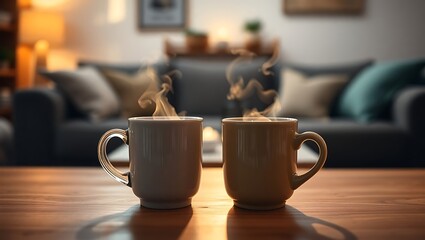 Two steaming mugs on a wooden table with a blurred living room background creating a cozy atmosphere