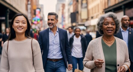 Diverse group of people walking on busy city street. Multicultural community in urban setting. Inclusion and diversity concept. Social harmony in metropolitan area.