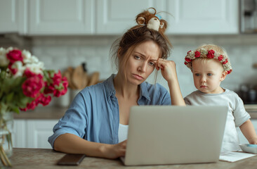 photo of tired woman with brown hair in blue shirt sitting at the kitchen table