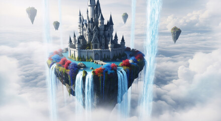 Floating fantasy castle on colorful waterfall island in clouds with hot air balloons. Magical fairytale landscape for book cover, game design, or children's illustration.
