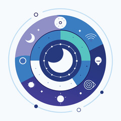 Circular diagram illustrating night and day concepts represented by sun moon stars and related icons
