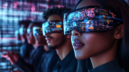 A group of multicultural professionals in 2030 wearing smart glasses, their irises flickering with data streams as they collaborate in a floating holographic boardroom.